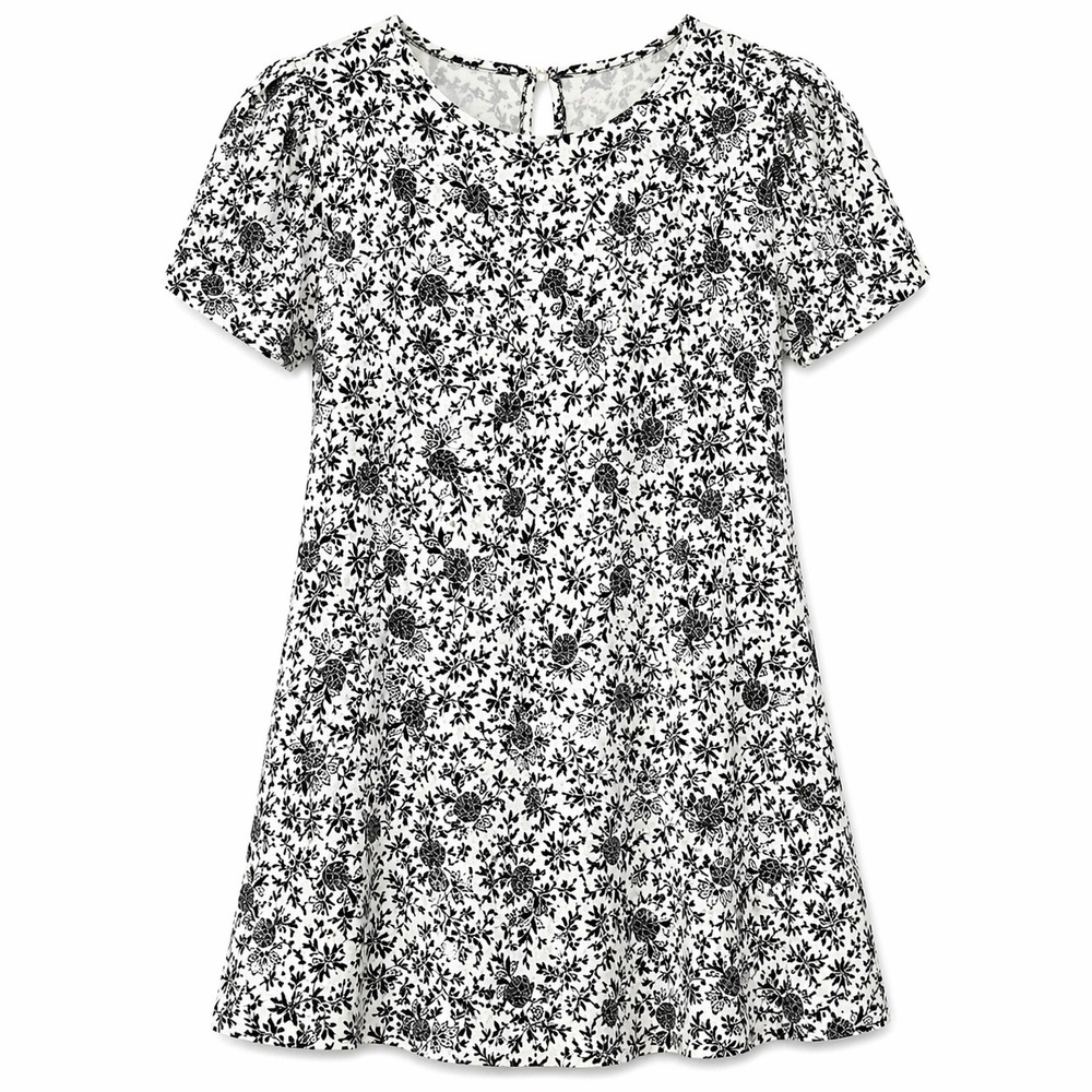 LOFT Linen Blend Floral Mini Dress Size 8 Black White Puff Sleeve Cottagecore